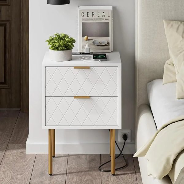 Nightstand,Mid-Century Modern Bedside Table with 2 Storage Drawer,Small Gold Frame Side End Table for Bedroom,Living Room