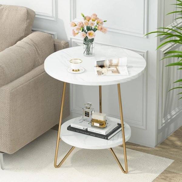 Faux Marble End Table, 2 Tier Round Side Table with Shelves, Modern Gold Nightstand Bedside Table Small Coffee Table