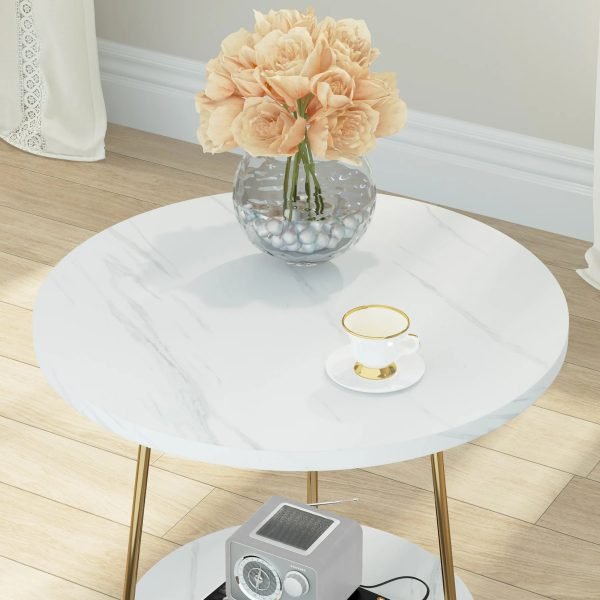 Faux Marble End Table, 2 Tier Round Side Table with Shelves, Modern Gold Nightstand Bedside Table Small Coffee Table