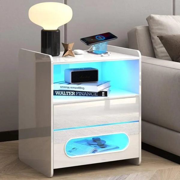 White Nightstand with Wireless Charging Station and LED Lights, Modern Bedside Table with Jewelry Storage Drawers,Side End Table