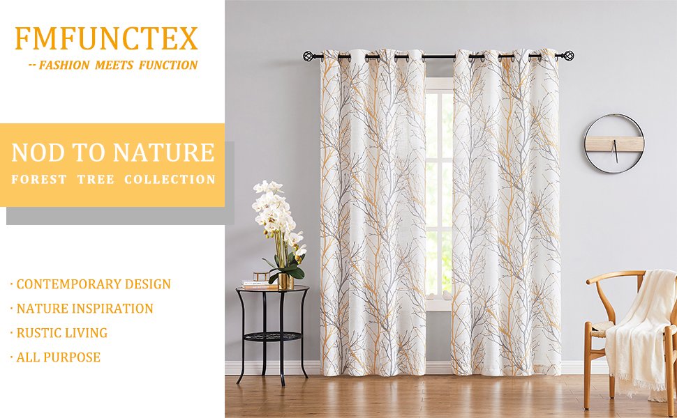 Yellow white tree curtains for living room