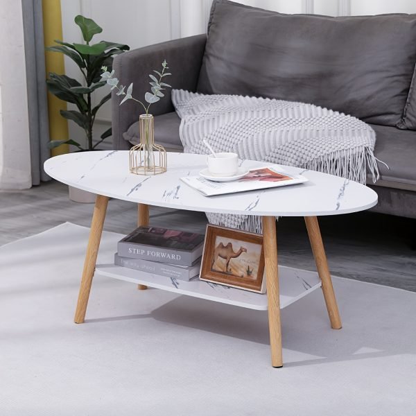 d55d6512-6a47-4cc3-8fb5-a8f38f022c0c-1 Modern Coffee Table Oval White Marble Effect, 2 Tier Cocktail Table Sofa Table with Storage Wood Legs