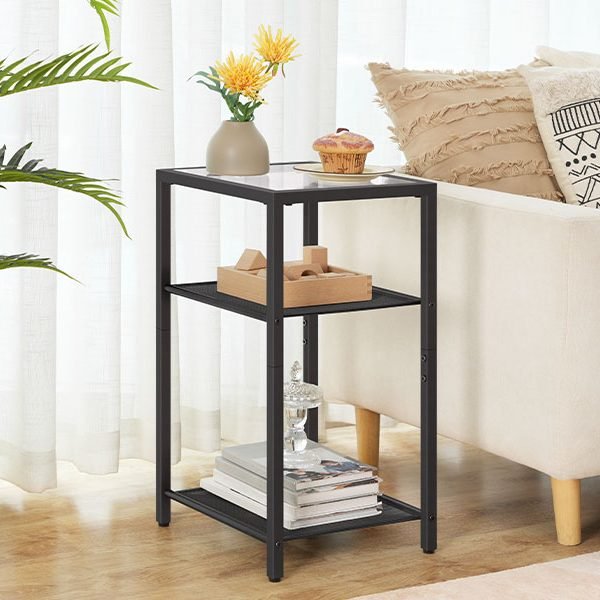 f00a7e42-a3e6-4b71-b242-fea3e5d930ba.__CR00800600_PT0_SX800_V1___ Side Tables Set of 2, 3-Tier Slim Nightstands with Storage Shelves, Modern End Tables, Tempered Glass Bedside Tables, for Living Room, Bedroom, Black BK77BZP201
