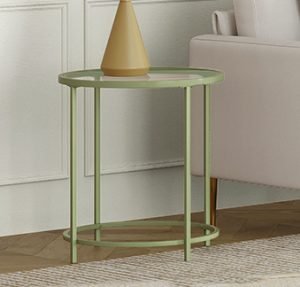 Round Side Table, Glass End Table with Metal Frame, Laurel Green Coffee Table with Modern Style, for Living Room, Balcony, Bedroom, Laurel Green