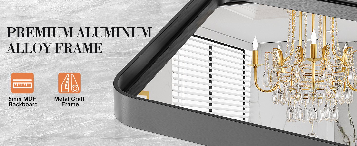 Black Bathroom Mirror, Vanity Mirror Aluminum Alloy Frame Wall Mirror Round Corner Rectangle Mirror