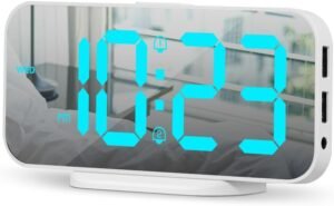 ALANAS Digital Alarm Clock with Dual Alarms, Mirror LED Bedroom Alarm Clocks for Kids, Adjustable Brightness, Snooze, 2 USB Ports for Cellphone Charging, 12/24 Hour Display.