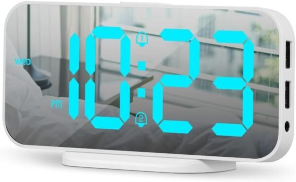 ALANAS Digital Alarm Clock with Dual Alarms, Mirror LED Bedroom Alarm Clocks for Kids, Adjustable Brightness, Snooze, 2 USB Ports for Cellphone Charging, 12/24 Hour Display.
