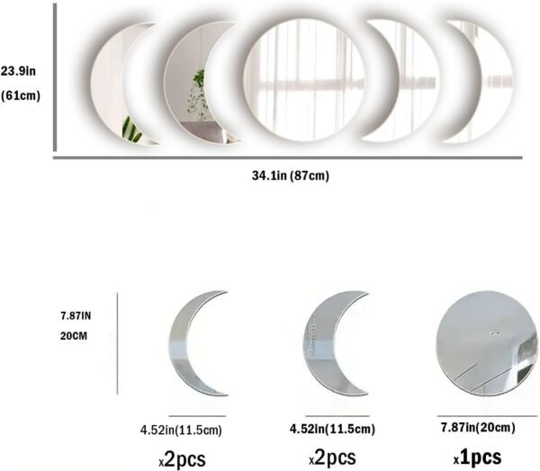 616TAP3YPOL._AC_SL1500 5 Pieces Acrylic Mirror Wall Stickers Natural Wall Decor Self Adhesive Mirrors Stickers Moon Phase Mirror Bohemian Wall Decoration for Home Living Room Bathroom Bedroom Decor (20cm)