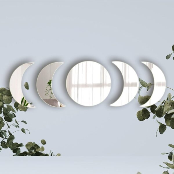 61P332Eqd1L._AC_SL1500 5 Pieces Acrylic Mirror Wall Stickers Natural Wall Decor Self Adhesive Mirrors Stickers Moon Phase Mirror Bohemian Wall Decoration for Home Living Room Bathroom Bedroom Decor (20cm)