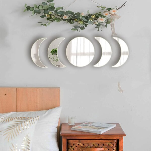 713lJHifhAL._AC_SL1500 5 Pieces Acrylic Mirror Wall Stickers Natural Wall Decor Self Adhesive Mirrors Stickers Moon Phase Mirror Bohemian Wall Decoration for Home Living Room Bathroom Bedroom Decor (20cm)