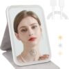 Rechargeable Travel Makeup Mirror with 80 LED Lights, Portable Lighted Makeup Mirror, 3 Color Dimmable Lighting Vanity Mirror, 360° Rotation Touch Screen Compact Tabletop Folding Cosmetic Mirror Mini