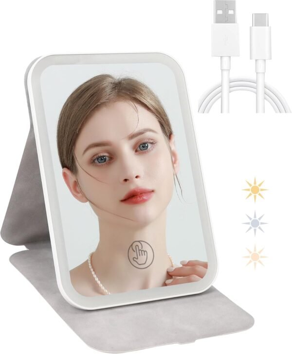 Rechargeable Travel Makeup Mirror with 80 LED Lights, Portable Lighted Makeup Mirror, 3 Color Dimmable Lighting Vanity Mirror, 360° Rotation Touch Screen Compact Tabletop Folding Cosmetic Mirror Mini