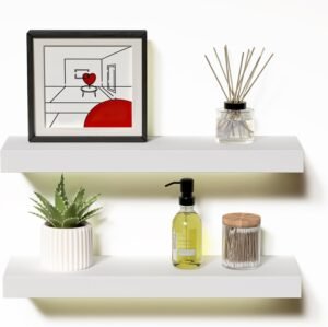 71DyPcJmTjL._AC_SL1500 14.9 in White Floating Shelves Set of 2, Wall Mounted Small Shelves, Modern Hanging Shelf for Wall Decor, Display Wall Storage Shelves for Living Room, Bedroom, Bathroom, Kitchen - White