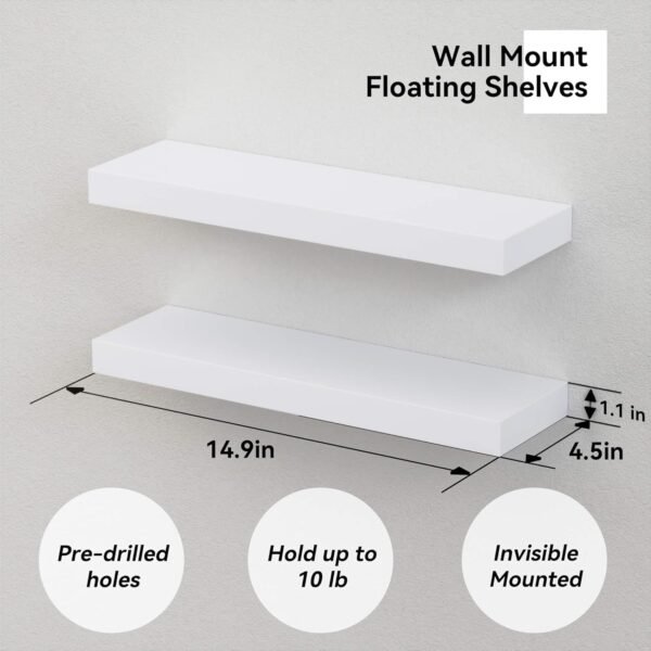 14.9 in White Floating Shelves Set of 2, Wall Mounted Small Shelves, Modern Hanging Shelf for Wall Decor, Display Wall Storage Shelves for Living Room, Bedroom, Bathroom, Kitchen - White