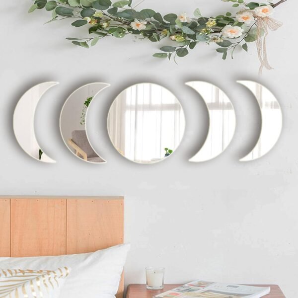 71XqG2Vu1AL._AC_SL1500 5 Pieces Acrylic Mirror Wall Stickers Natural Wall Decor Self Adhesive Mirrors Stickers Moon Phase Mirror Bohemian Wall Decoration for Home Living Room Bathroom Bedroom Decor (20cm)